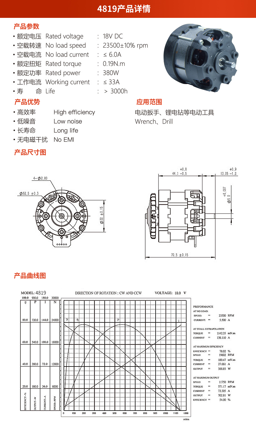 X-TEAM 4819電動工具無刷電機